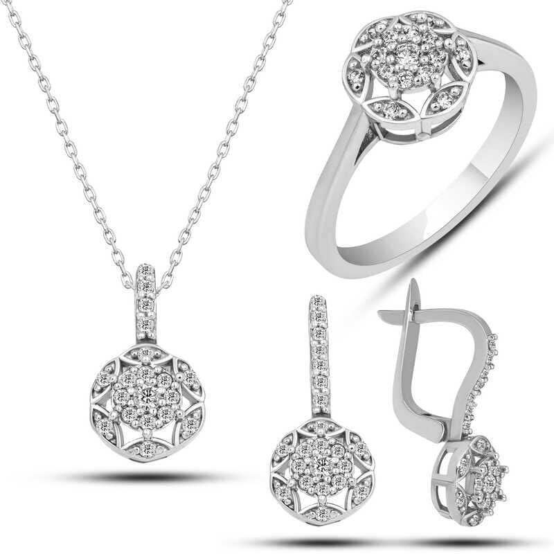 Conjunto de flor de piedra de circonita blanca plateada para mujer