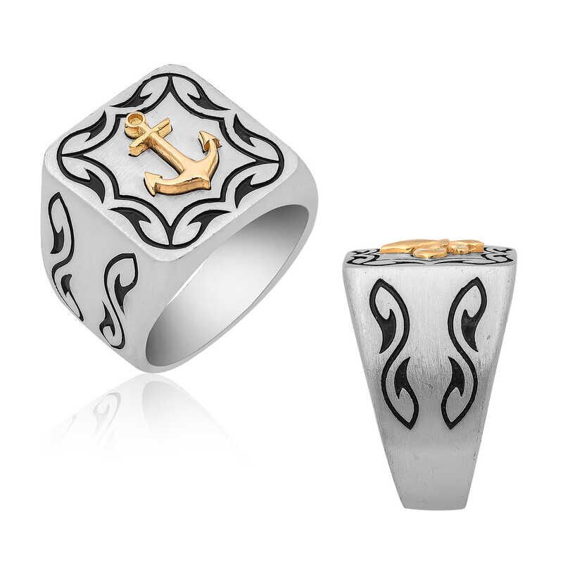 Anillo de plata con escudo de ancla marinera para hombre