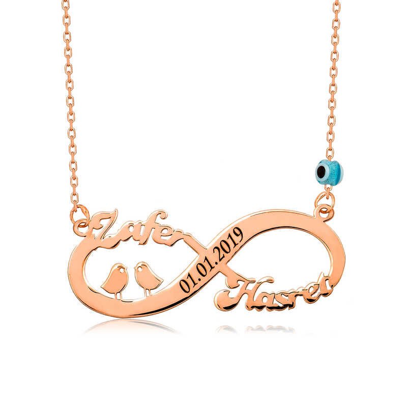 Collar con nombre infinito y pájaro rosa de plata