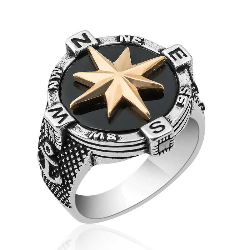 Silver Anchor Detailed Compass Men's Ring