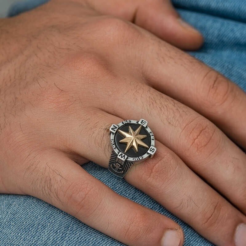 Silver Anchor Detailed Compass Men's Ring