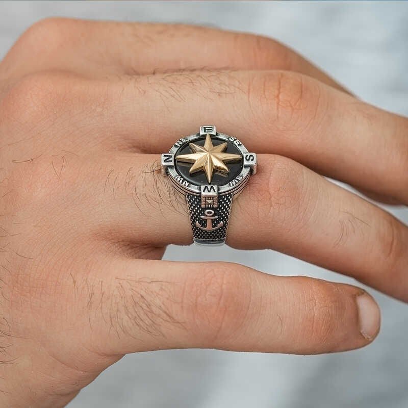 Silver Anchor Detailed Compass Men's Ring