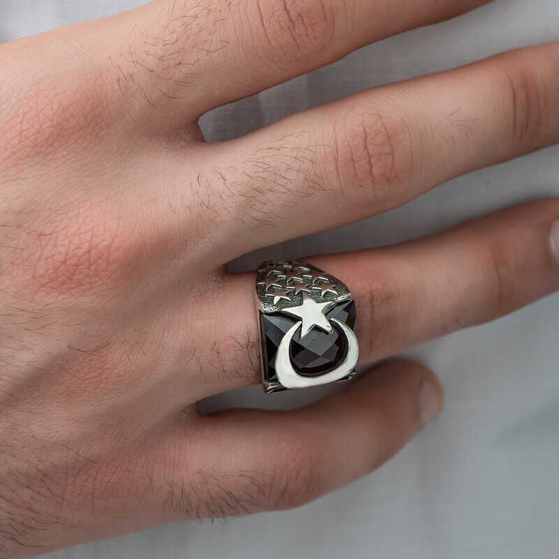 Silver Red Cut Stone Crescent Star Men's Ring