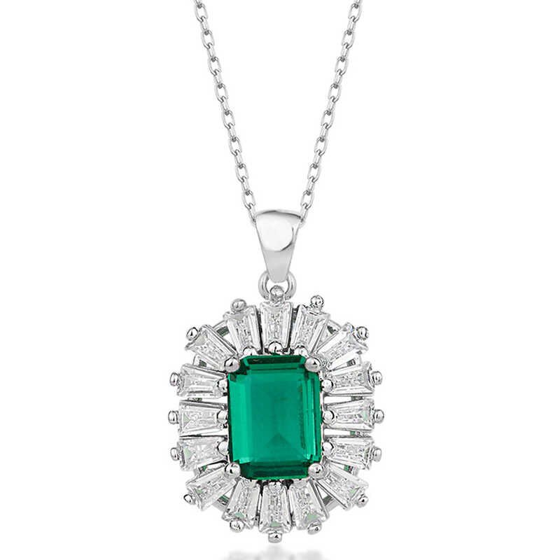 Silver Diamond Mounted Emerald Stone Women's Necklace