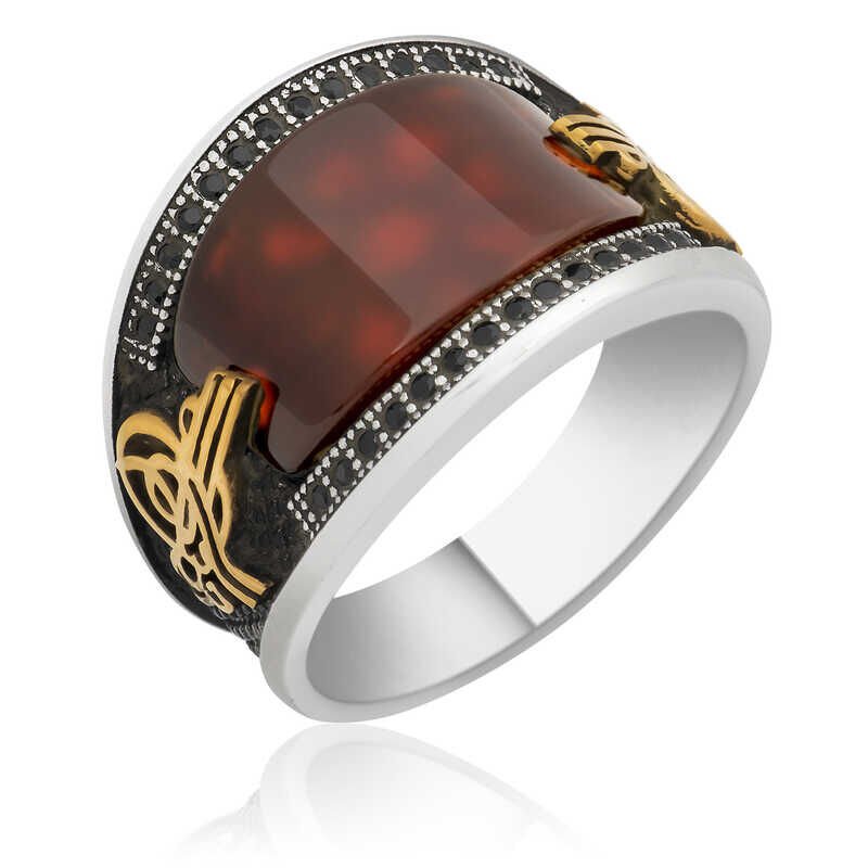 Silver Agate and Zircon Stone Tughra Crest Ring