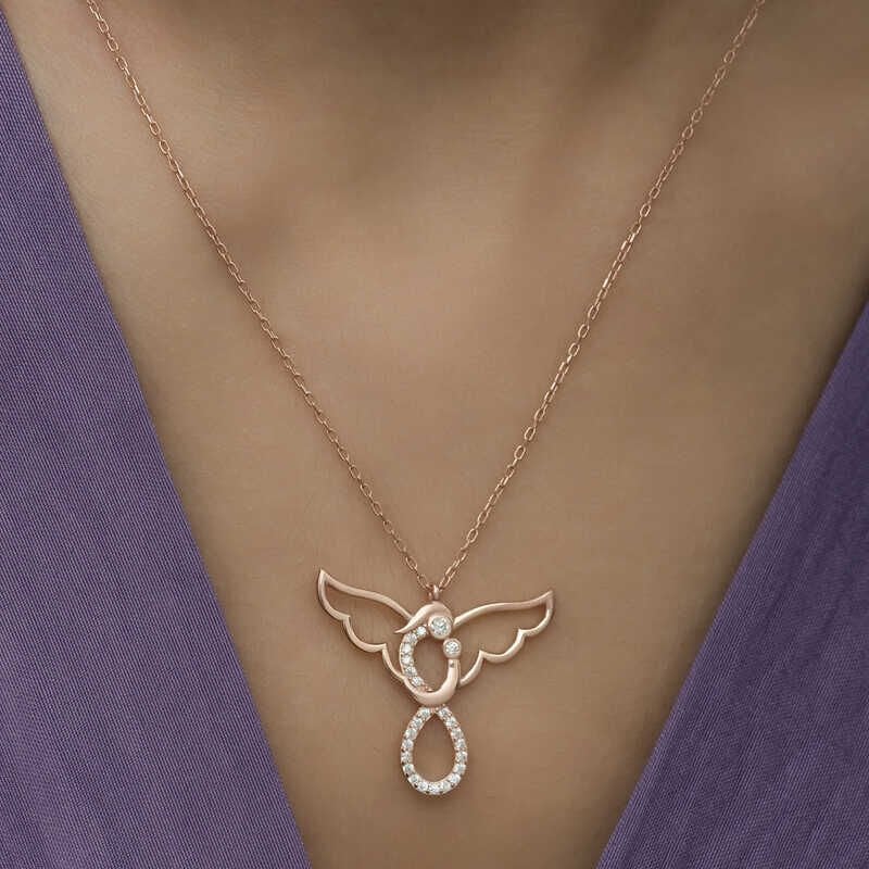 Silver Rose Angel Mother and Child Women's Necklace