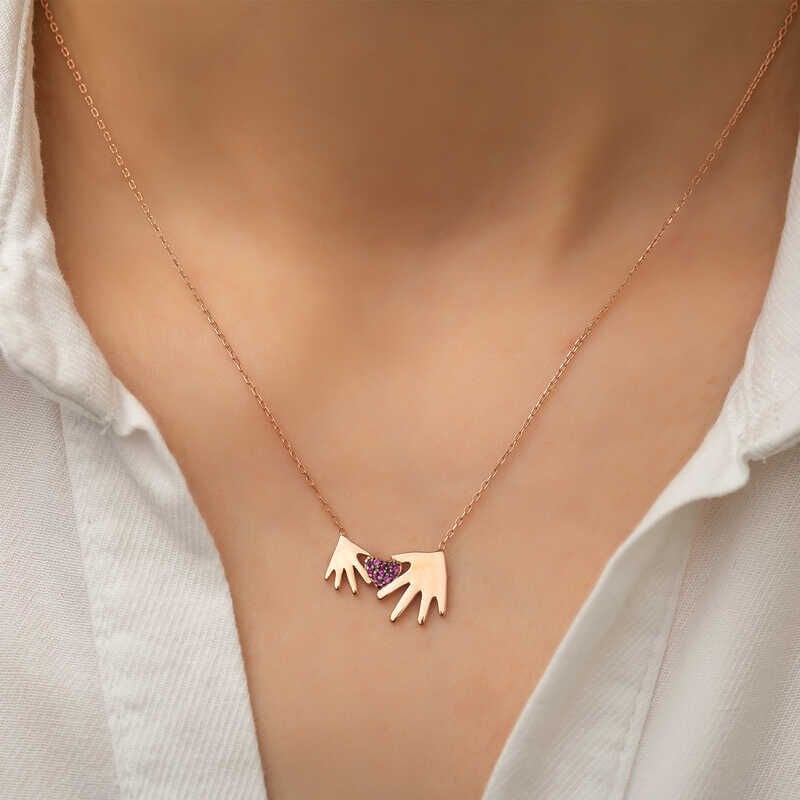 Silver Rose Mother Child Hand Women's Necklace