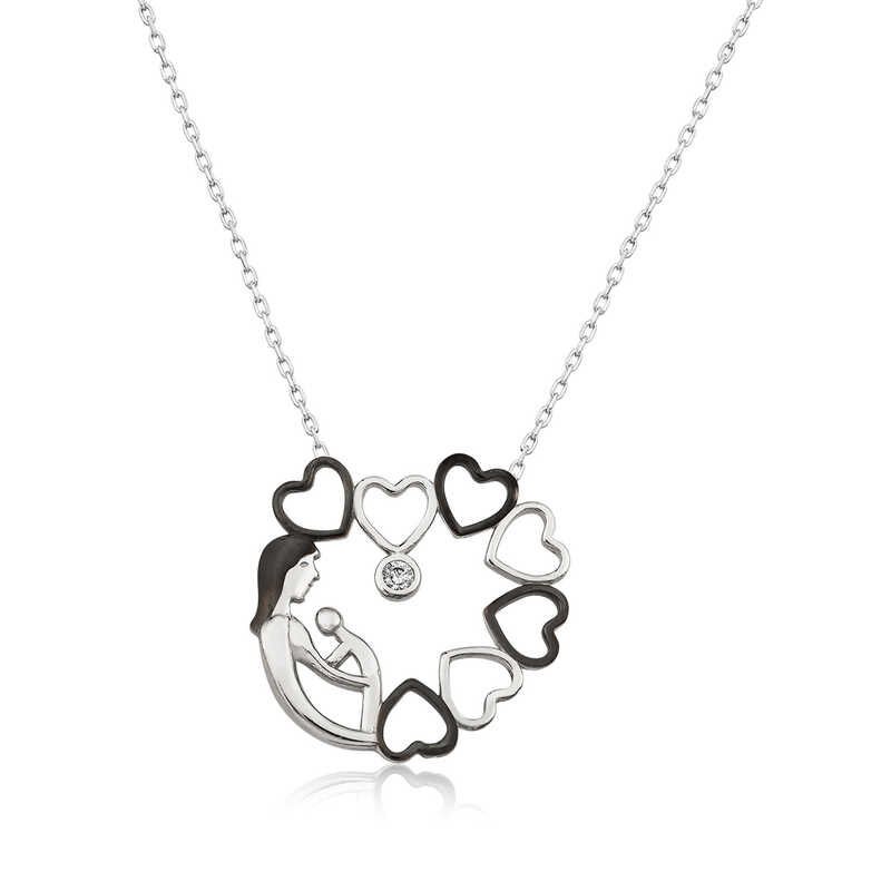 Silver Heart Circle Mother Child Women Necklace