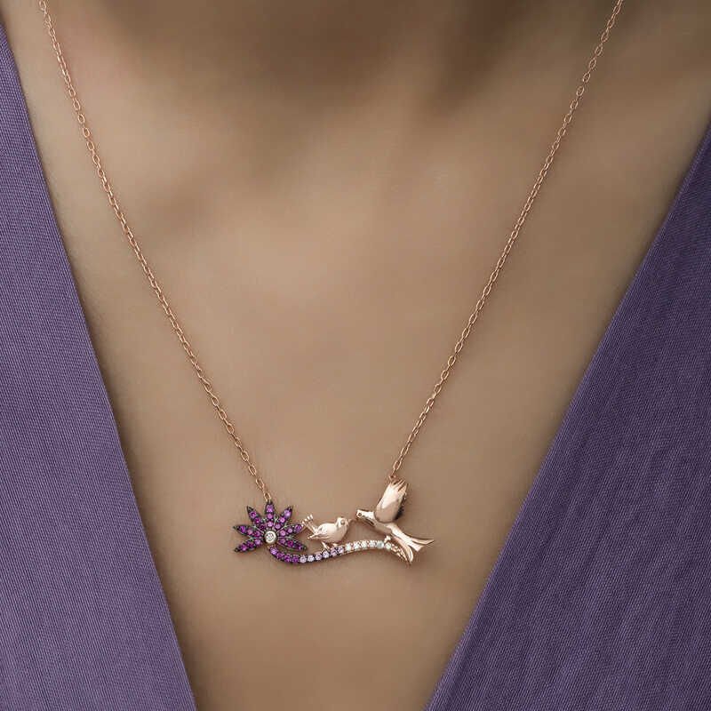 Silver Rose Mother and Baby Bird Women's Necklace
