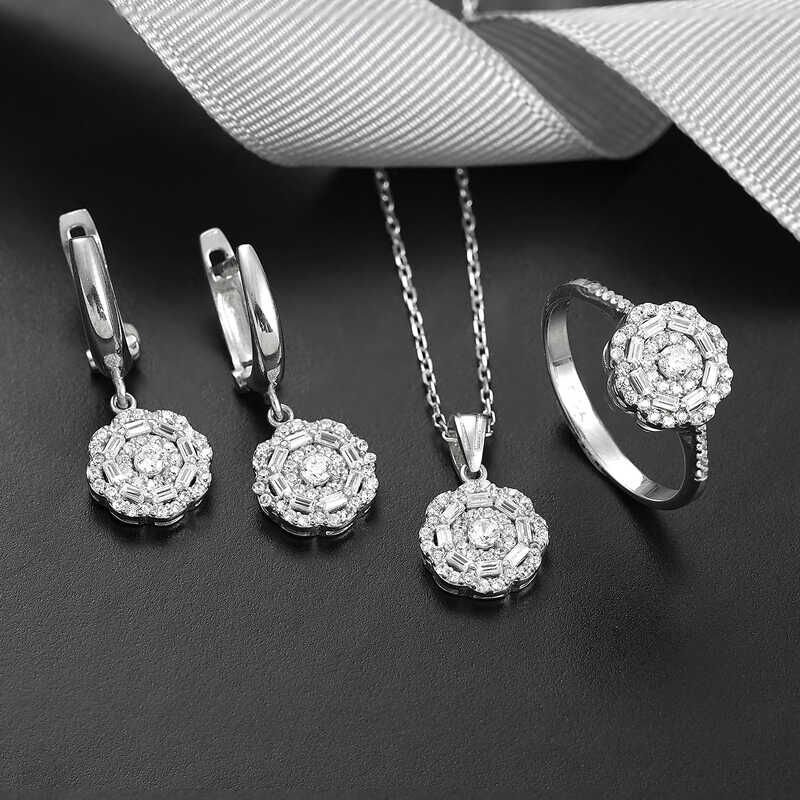 Silver Zircon Stone Flower Women Set