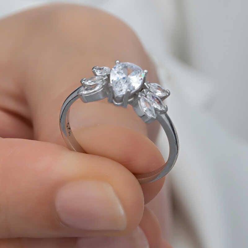 Silver Drop Zircon Stone Women's Ring