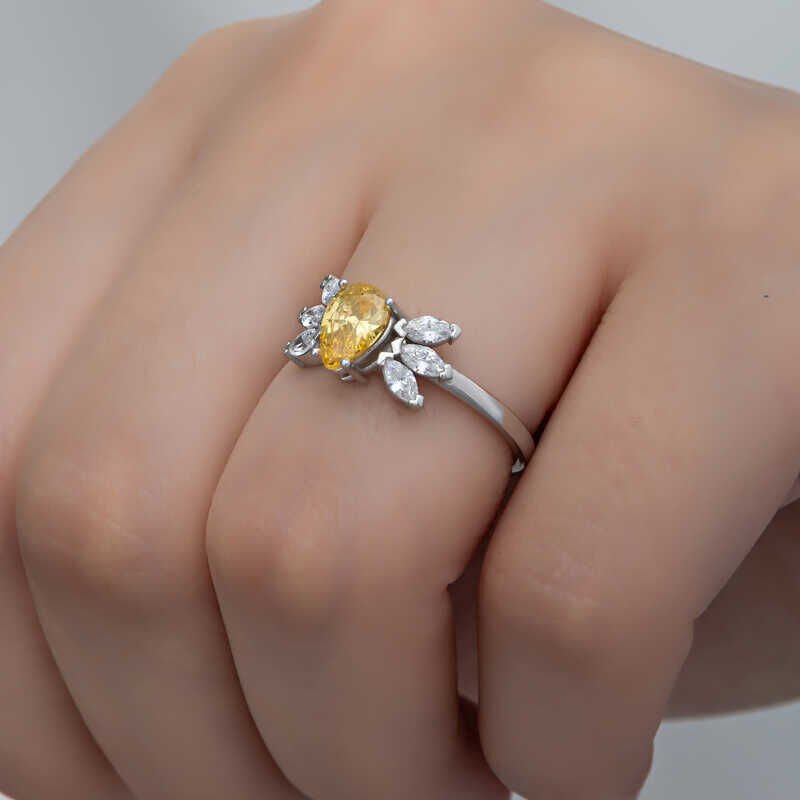 Silver Yellow Drop Zircon Stone Women's Ring
