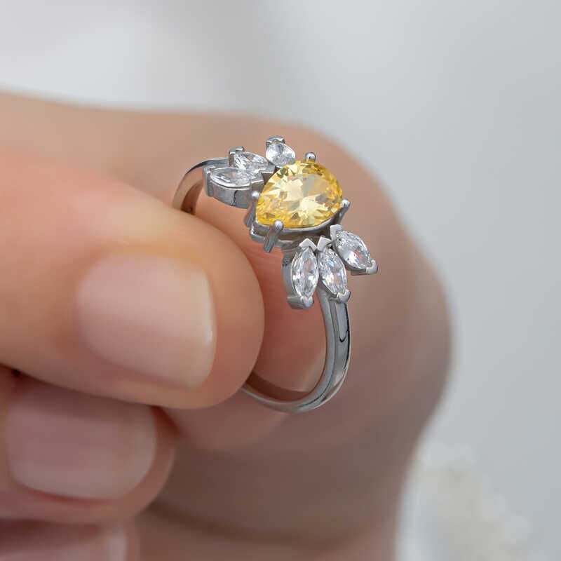 Silver Yellow Drop Zircon Stone Women's Ring