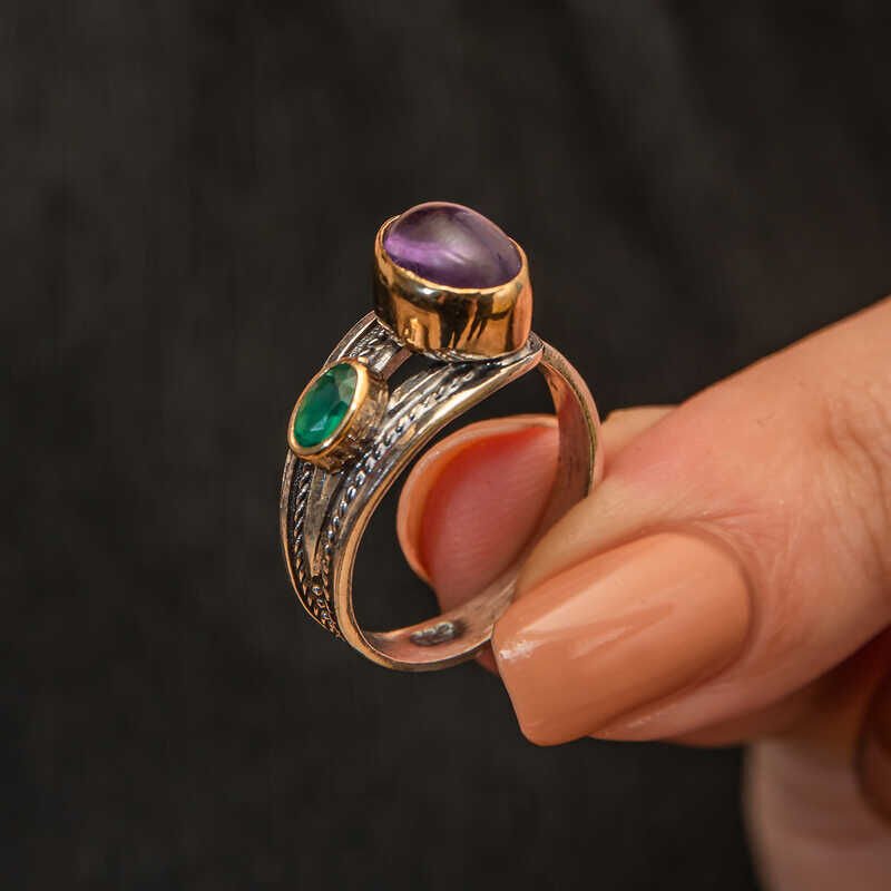 Gümüş Ametist Taşlı Zümrüt Otantik Ayarlanabilir Kadın Yüzük