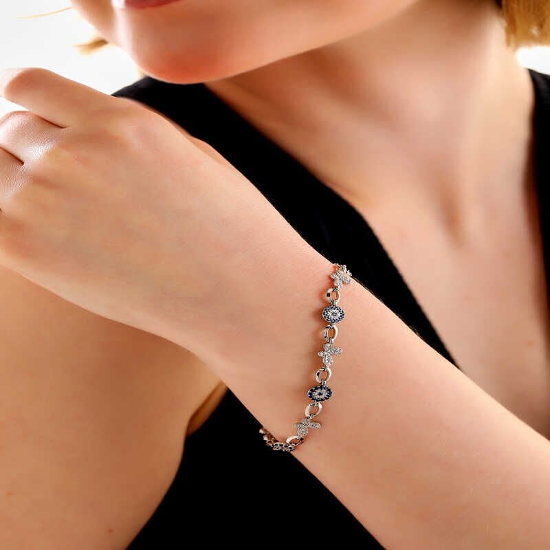 Silver Butterfly Evil Eye Women's Bracelet