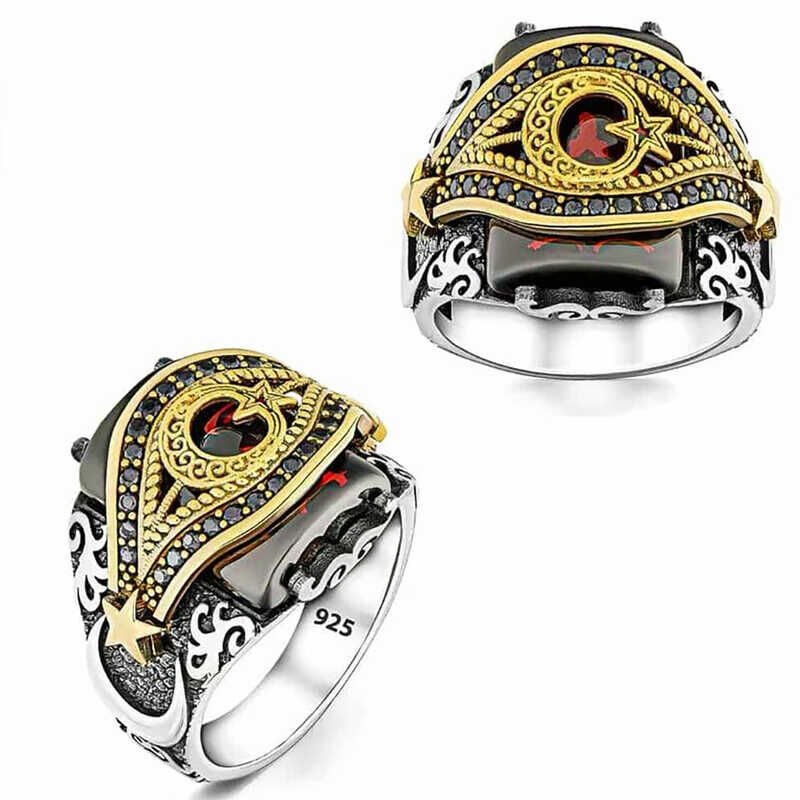 Silver Red Stone Crescent Star Men's Ring