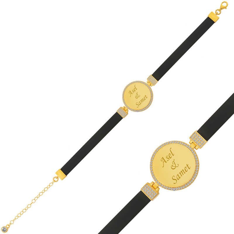 Silver Personalized Black Strap Plate Bracelet